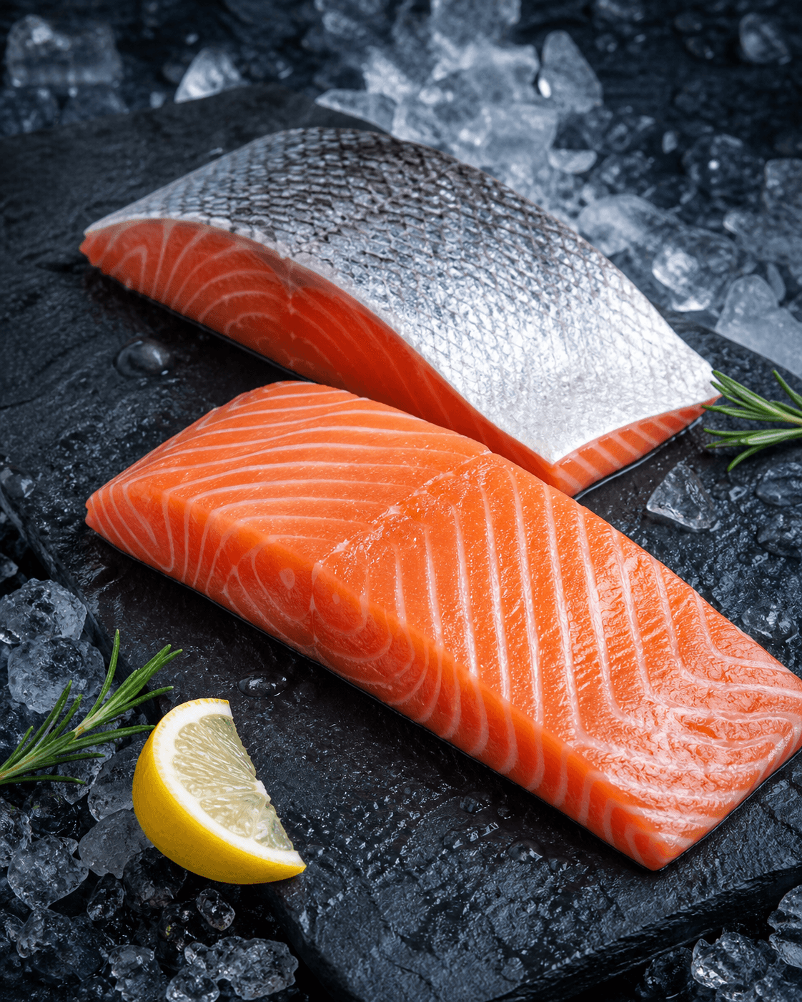 Fresh Norwegian salmon fillets on ice