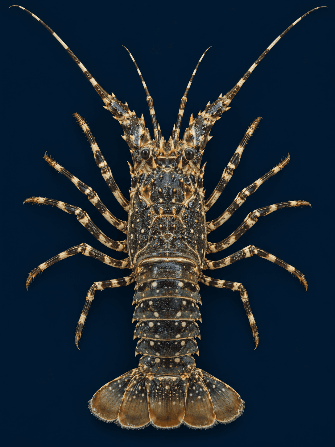Top-down portrait of a pronghorn spiny lobster with a dark shell and pale markings