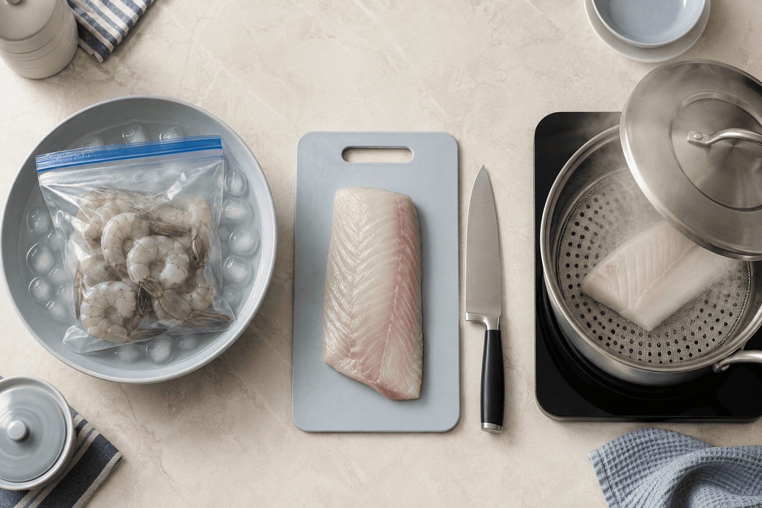 Sealed prawns thawing in ice water beside a clean fish preparation board and a steamer